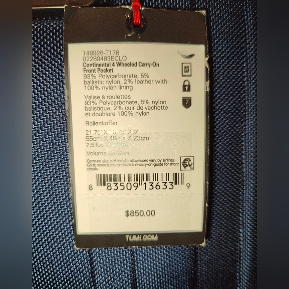 Tumi Continental Front Pocket Carry-On Spinner 21” Navy Expandable TSA Lock NEW - Picture 5 of 12